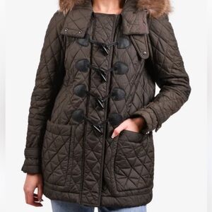 Burberry Brit Coat Jacket Zip Up Faux‎ Fur Trim Hood Size Small Women’s Green
